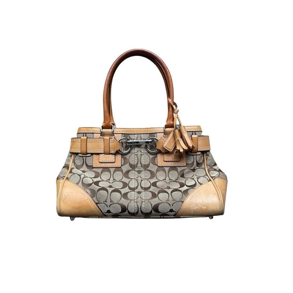 Coach Signature Jacquard Soho Satchel Tan Leather Trim Horsebit Bag